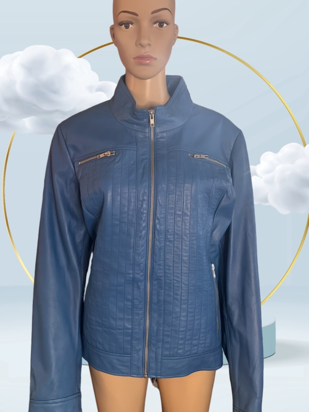 Danier Blue Quilted Leather Zip Jacket NWT XXL